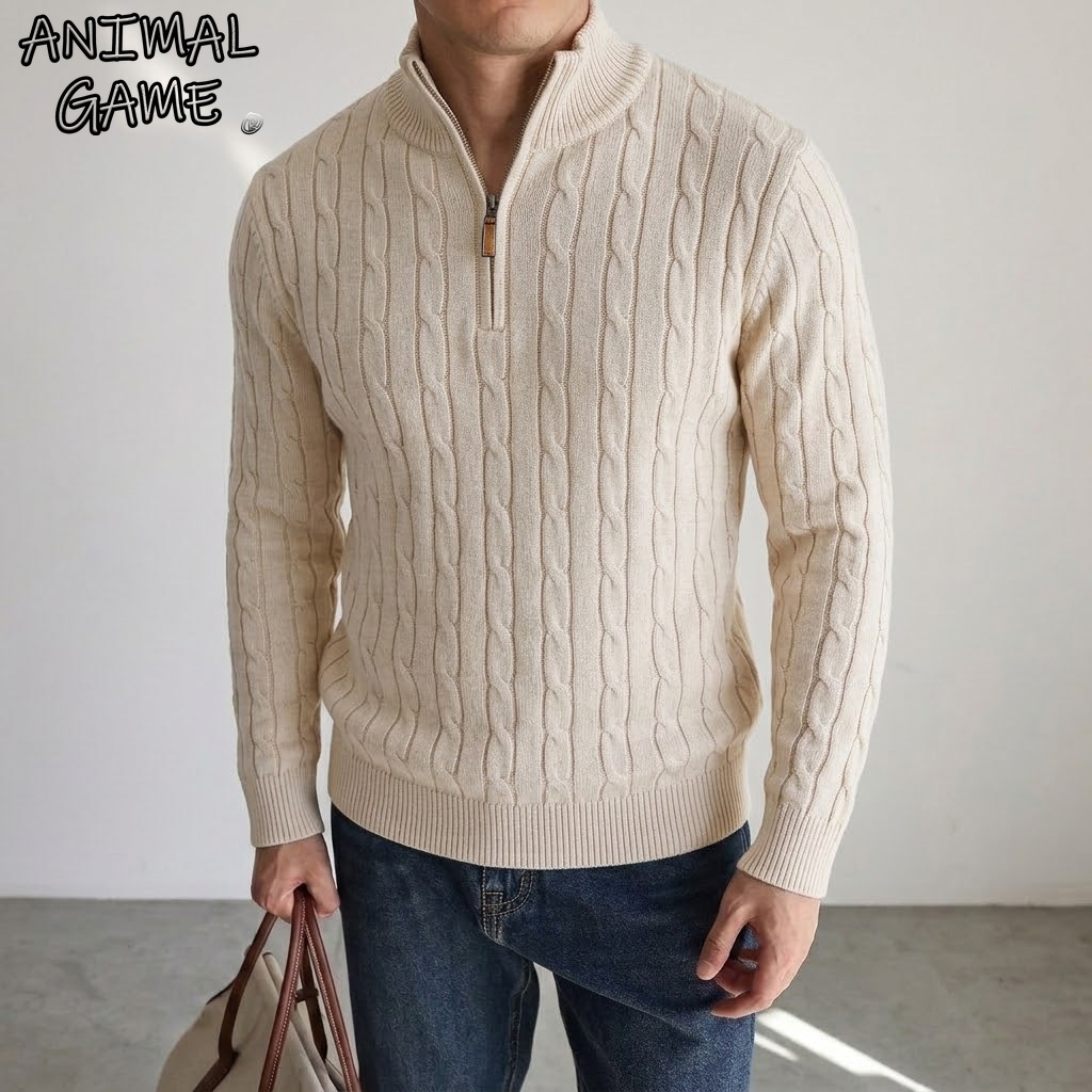 Wool Blend Coat - New Men's Cable Knit Half Zip