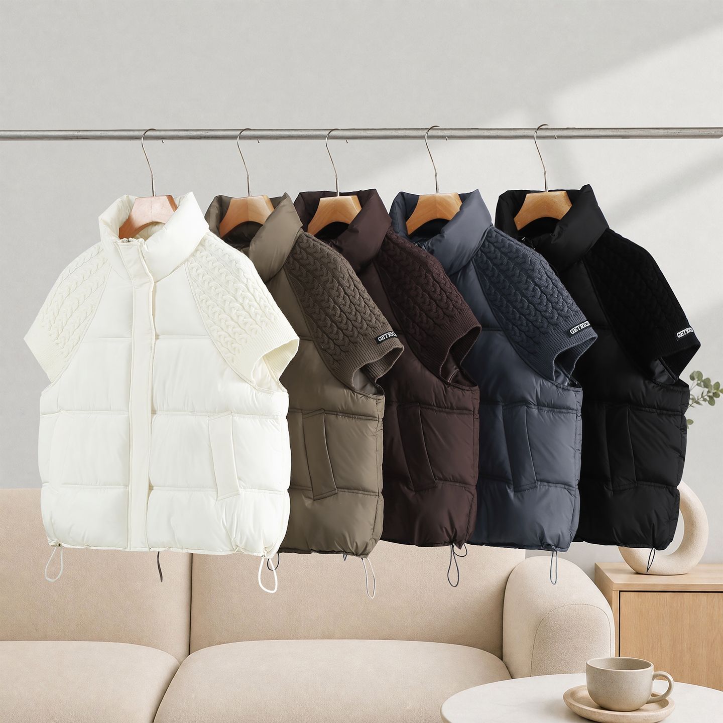 Women Stylish Knit Spliced Cro - Padded Vest Gilet 评论和价格